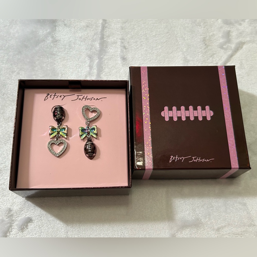 Betsey Johnson Football Heart Bow Dangle Earrings NWT Rhinestone Iridescent